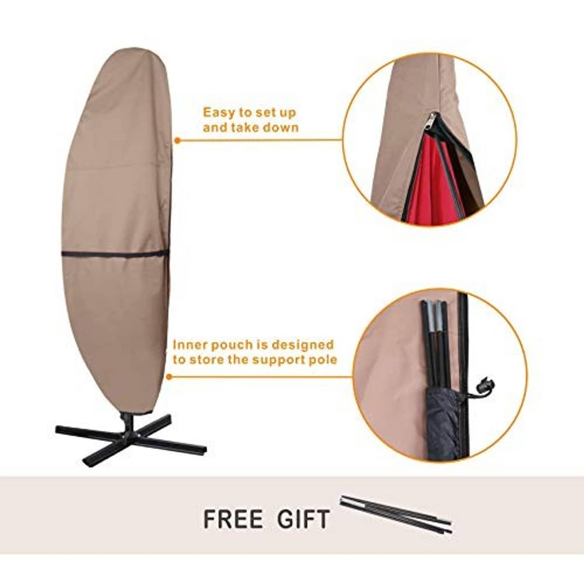 Tan umbrella cover with inner storage pouch and easy setup, mounted on cross base