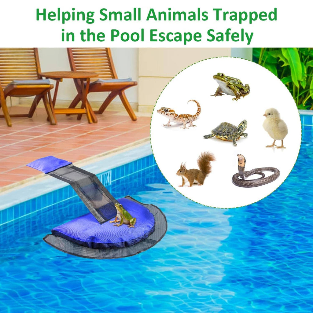 Dark blue pool animal escape ramp floating at pool edge with black mesh panel