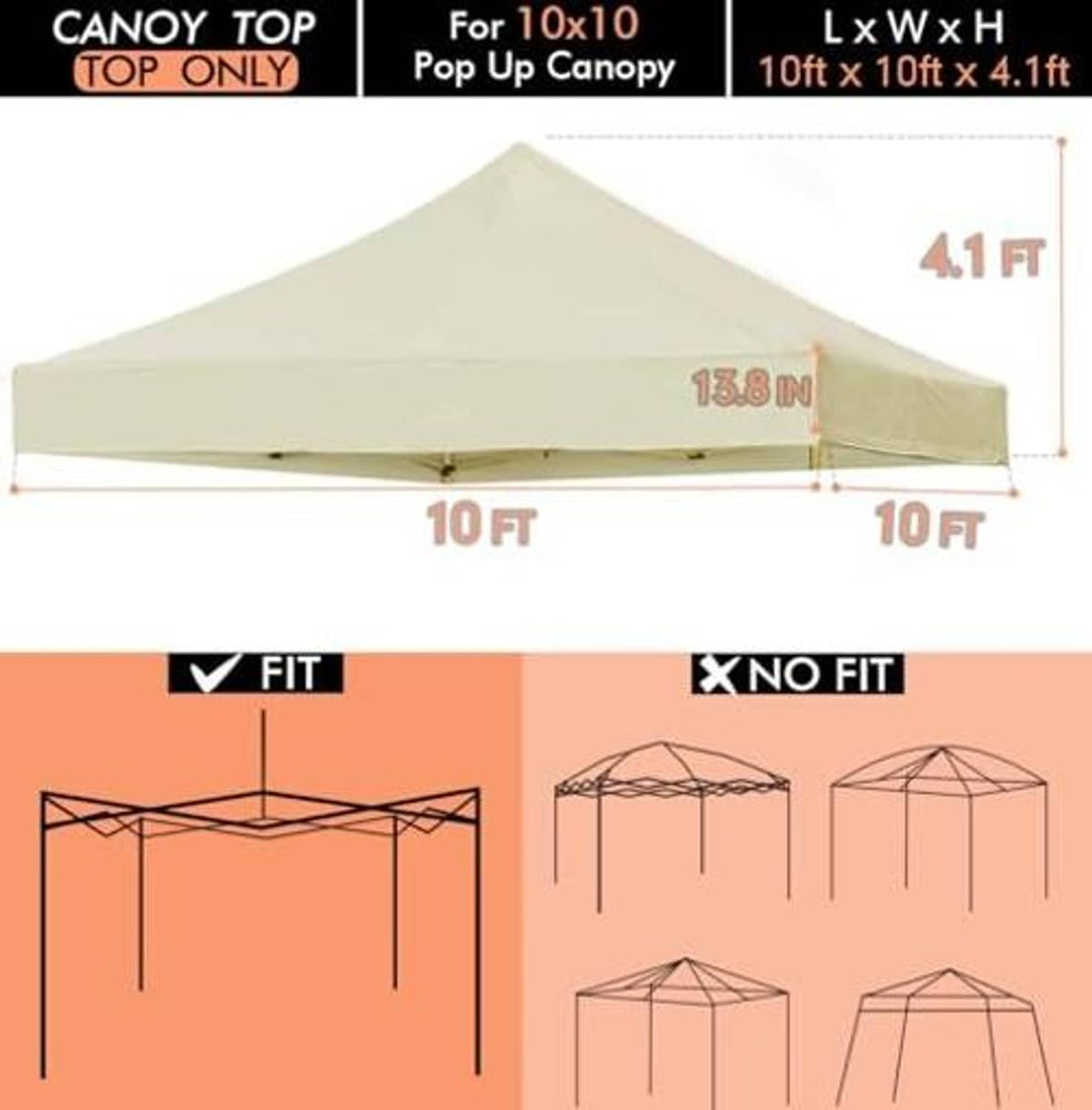 Beige 10x10 pop-up canopy top, top-only replacement with fit/no-fit diagrams