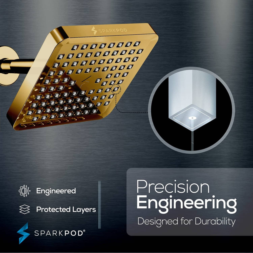 Egyptian gold square rain shower head with dense nozzle pattern on faceplate