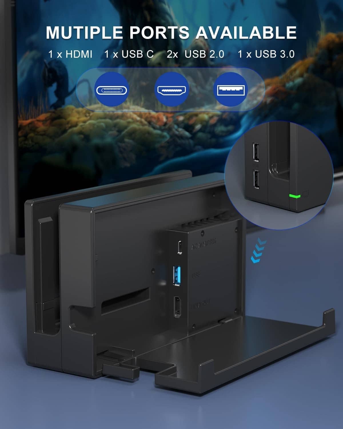 Black Switch TV dock station rear ports panel with HDMI and USB connections