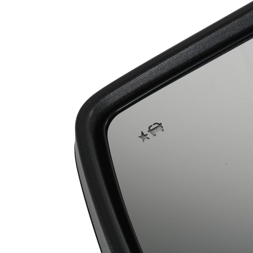 Close-up of black mirror frame with adjustment icons on clear glass