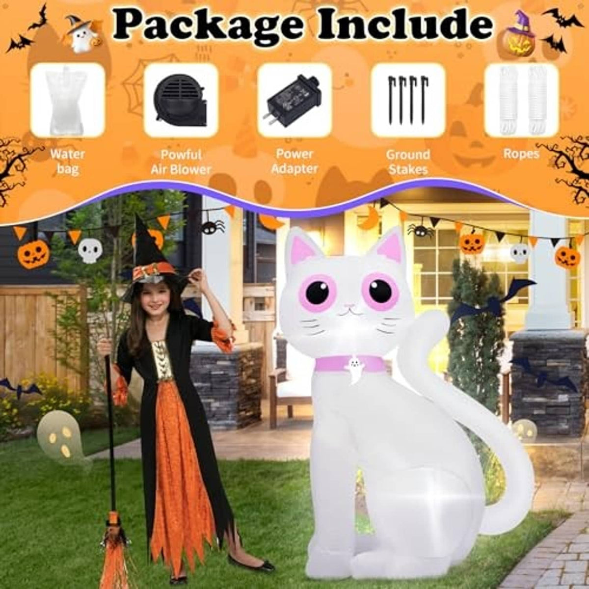 White inflatable cat decoration kit with LED light, stakes, ropes, power adapter, and water bag.