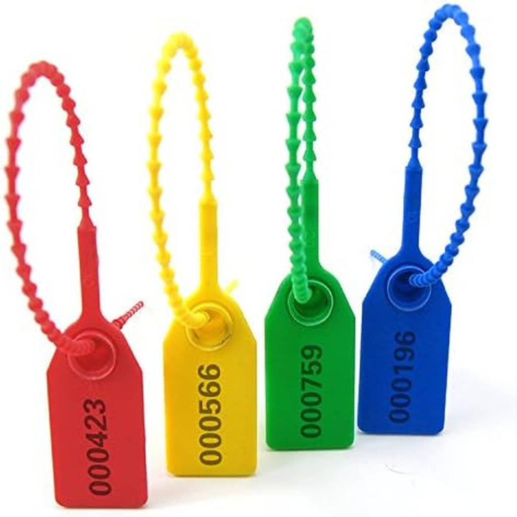 Assorted plastic tamper seals on zip ties in red, yellow, green, and blue with numbers.