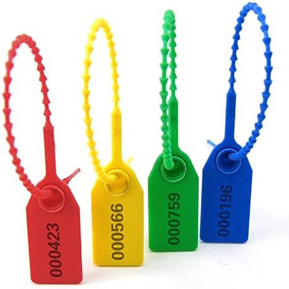Assorted plastic tamper seals on zip ties in red, yellow, green, and blue with numbers.