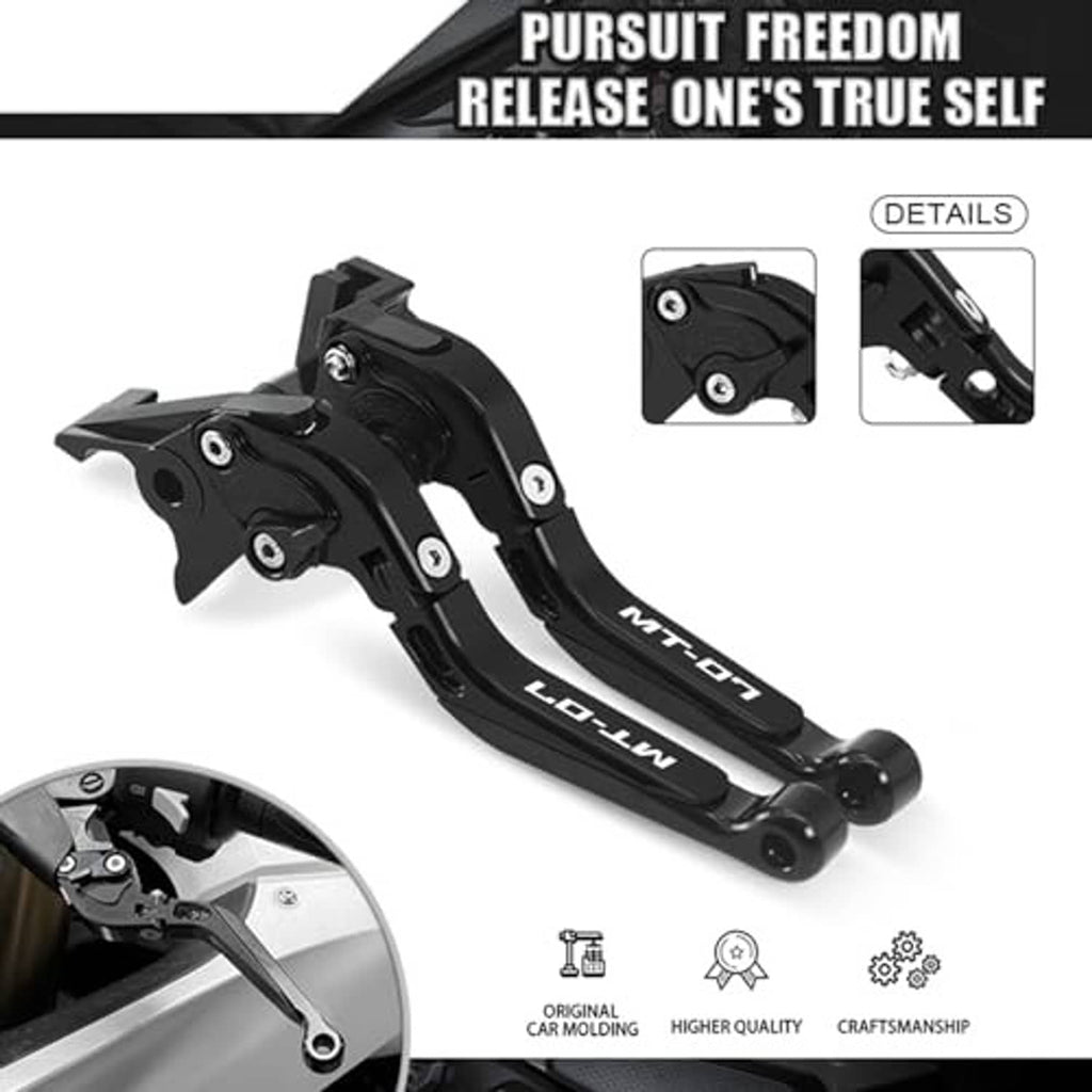 Black extendable motorcycle clutch and brake levers with pivot brackets and pivot screws