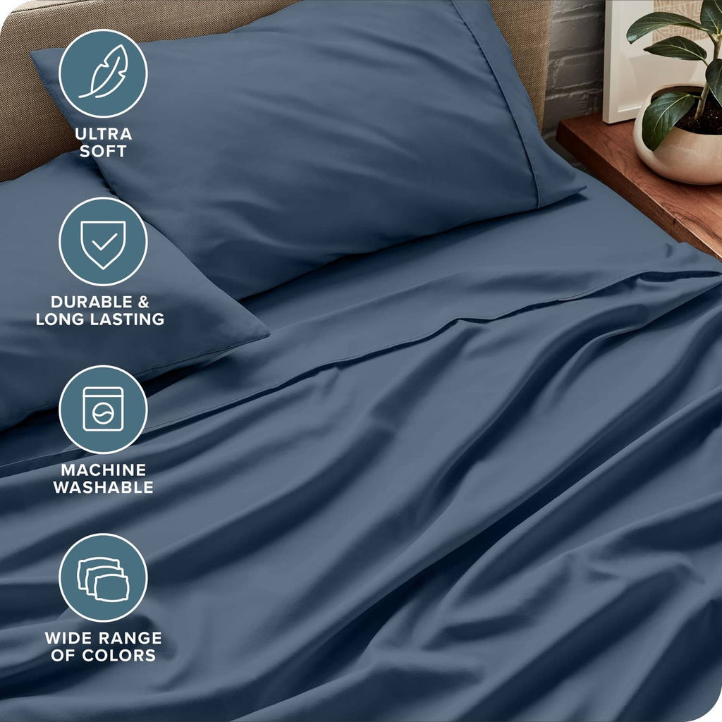 Blue fitted sheet and pillowcase with smooth seams and wrinkle-free fabric