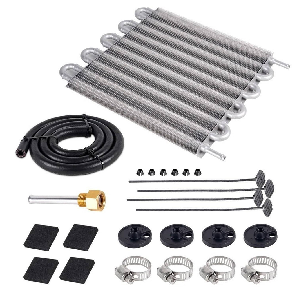 Oil cooler radiator kit with aluminum core, rubber hoses, adapters, and clamps