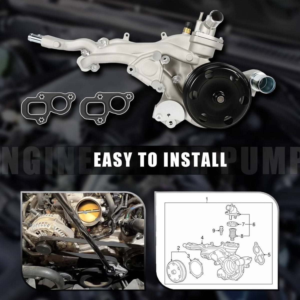 Water pump with thermostat, silver pump with black pulley and included installation diagram