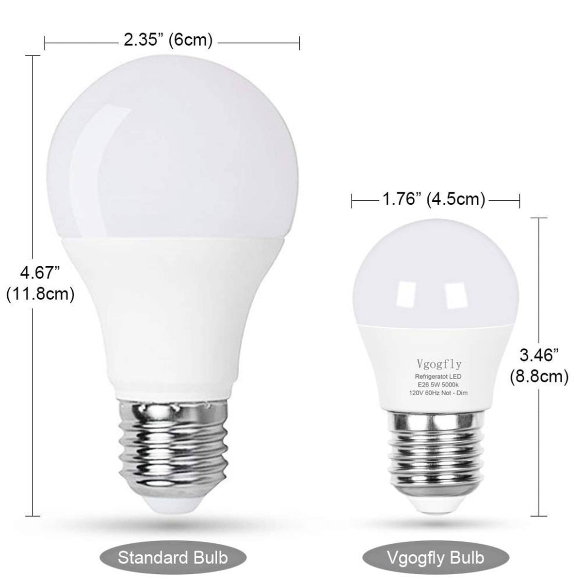 A15 LED refrigerator light bulb with size diagram, frosted globe and metal screw base
