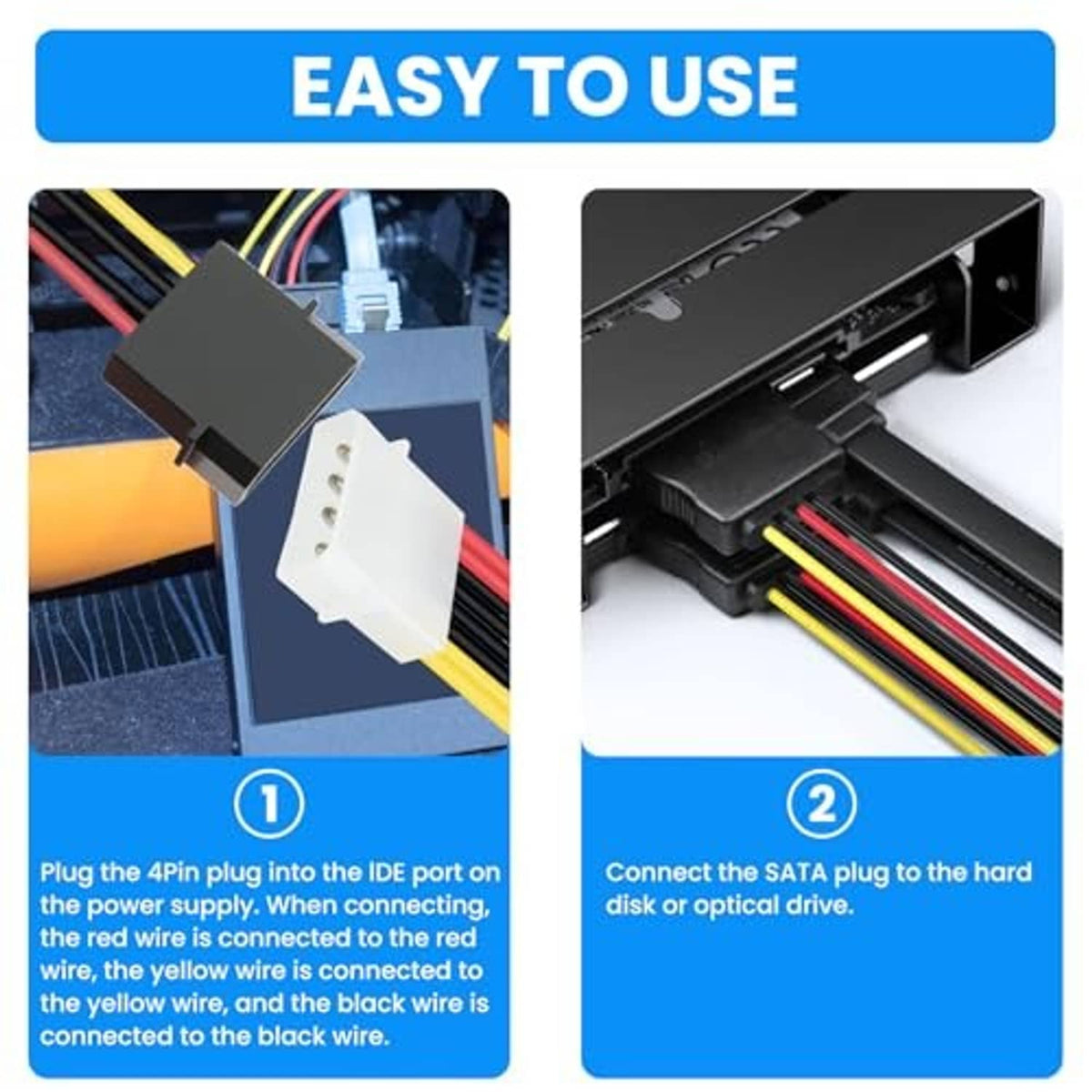IDE Molex to SATA power adapter cable with white 4-pin plug and black SATA plug