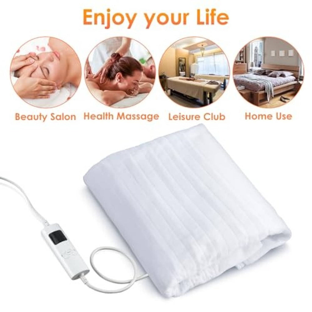 Electric massage table heating pad, white quilted pad with controller and power cord