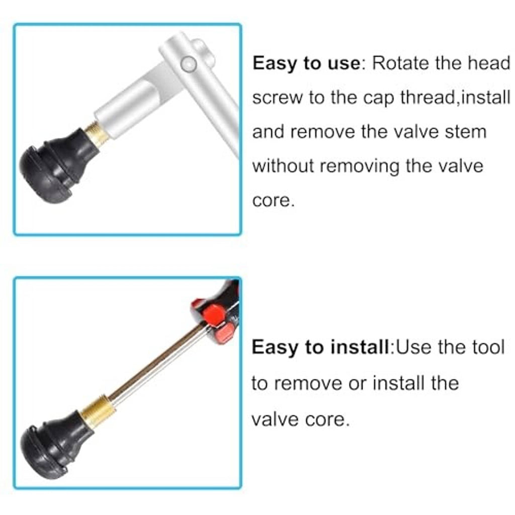 Tire valve stem tool with rotating head, black base, and valve core for snap-in use
