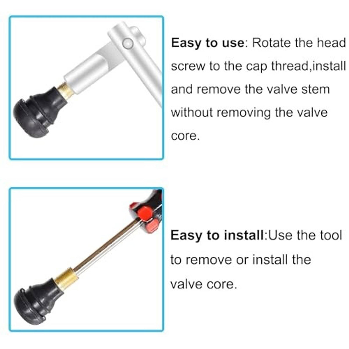 Tire valve stem tool with rotating head, black base, and valve core for snap-in use