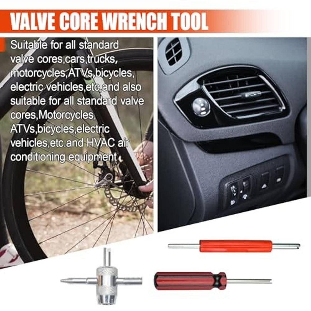 Tire valve core wrench tool set with red handle and silver metal core remover
