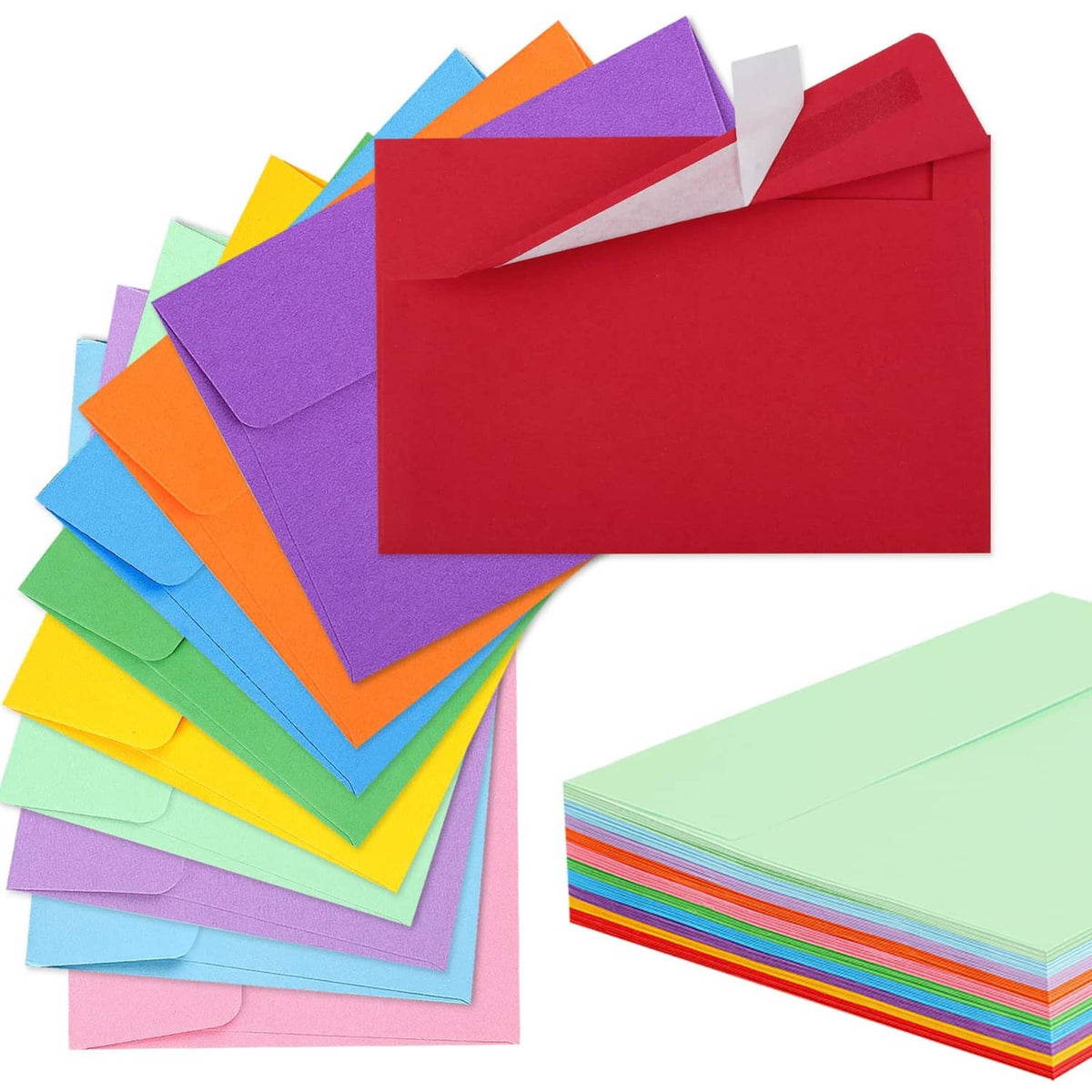 Multicolor A2 envelopes with gummed flap, assorted colors stacked together
