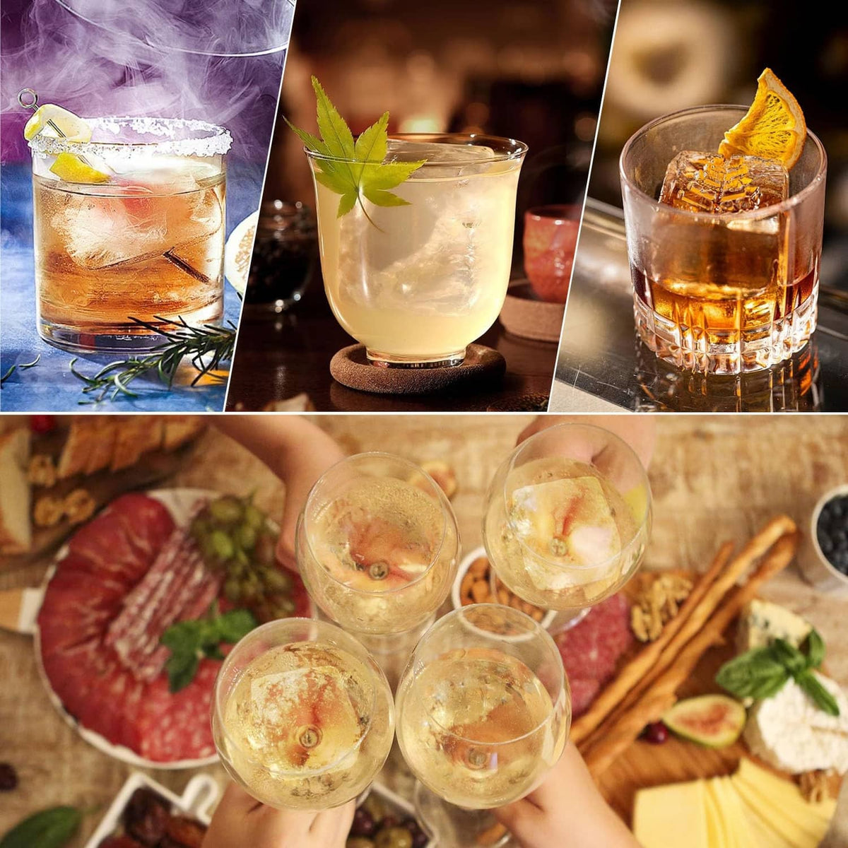 Large ice cubes in lemon, herb, and fruit drinks for cocktails and coffee