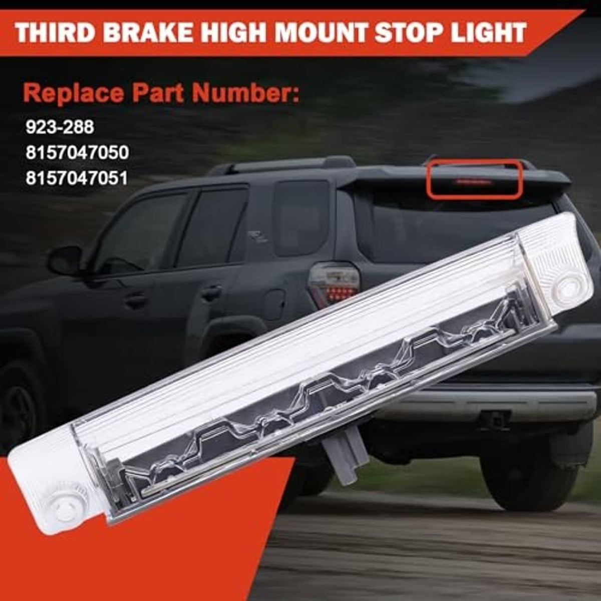 Third brake light with clear lens and internal reflector pattern, mounted on vehicle rear