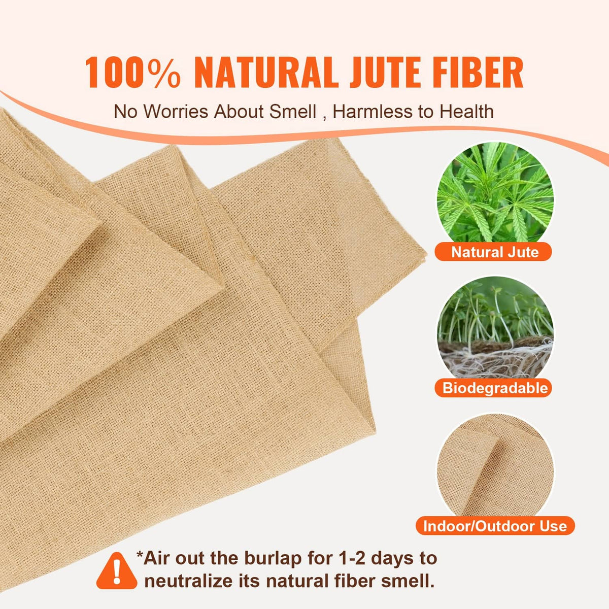 Natural jute burlap fabric strips, overlapping rolls and folded pieces