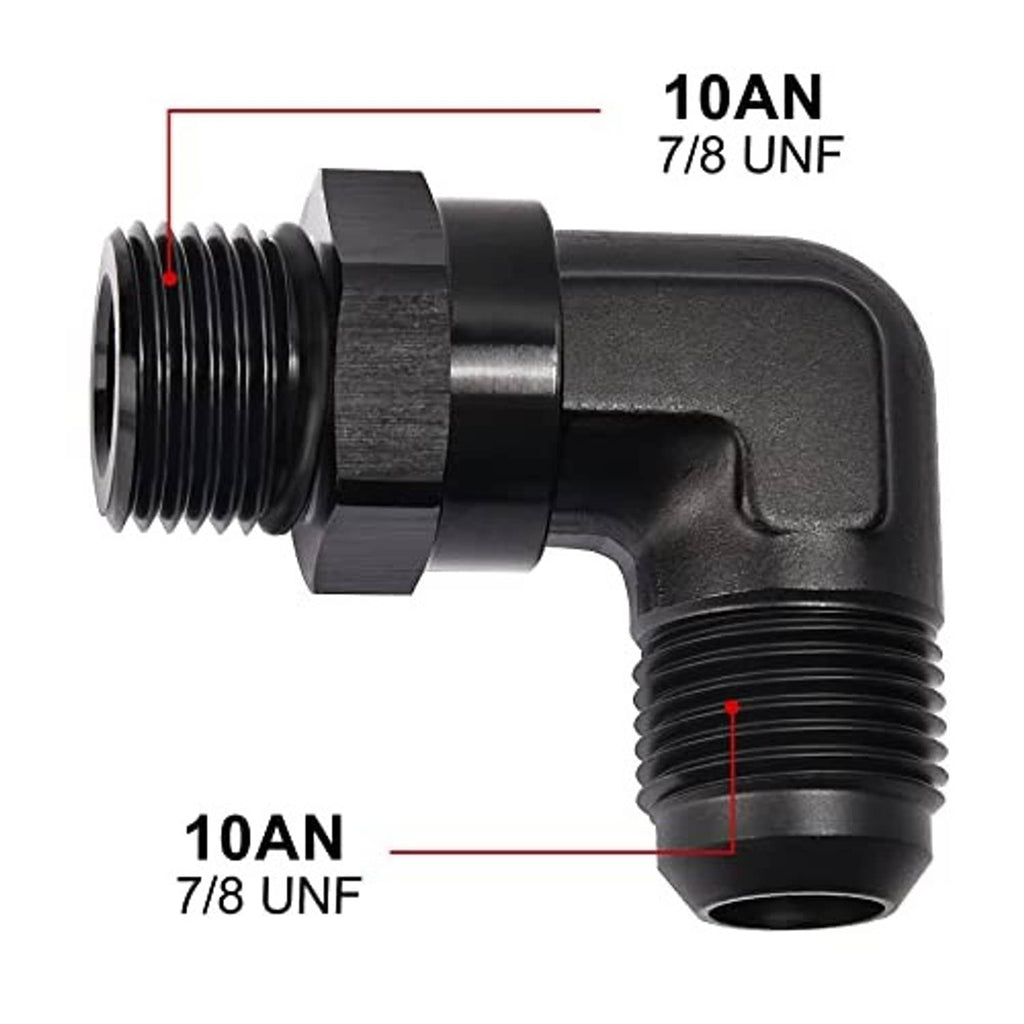 Black AN swivel adapter fitting, angled 90 degrees with two threaded ends