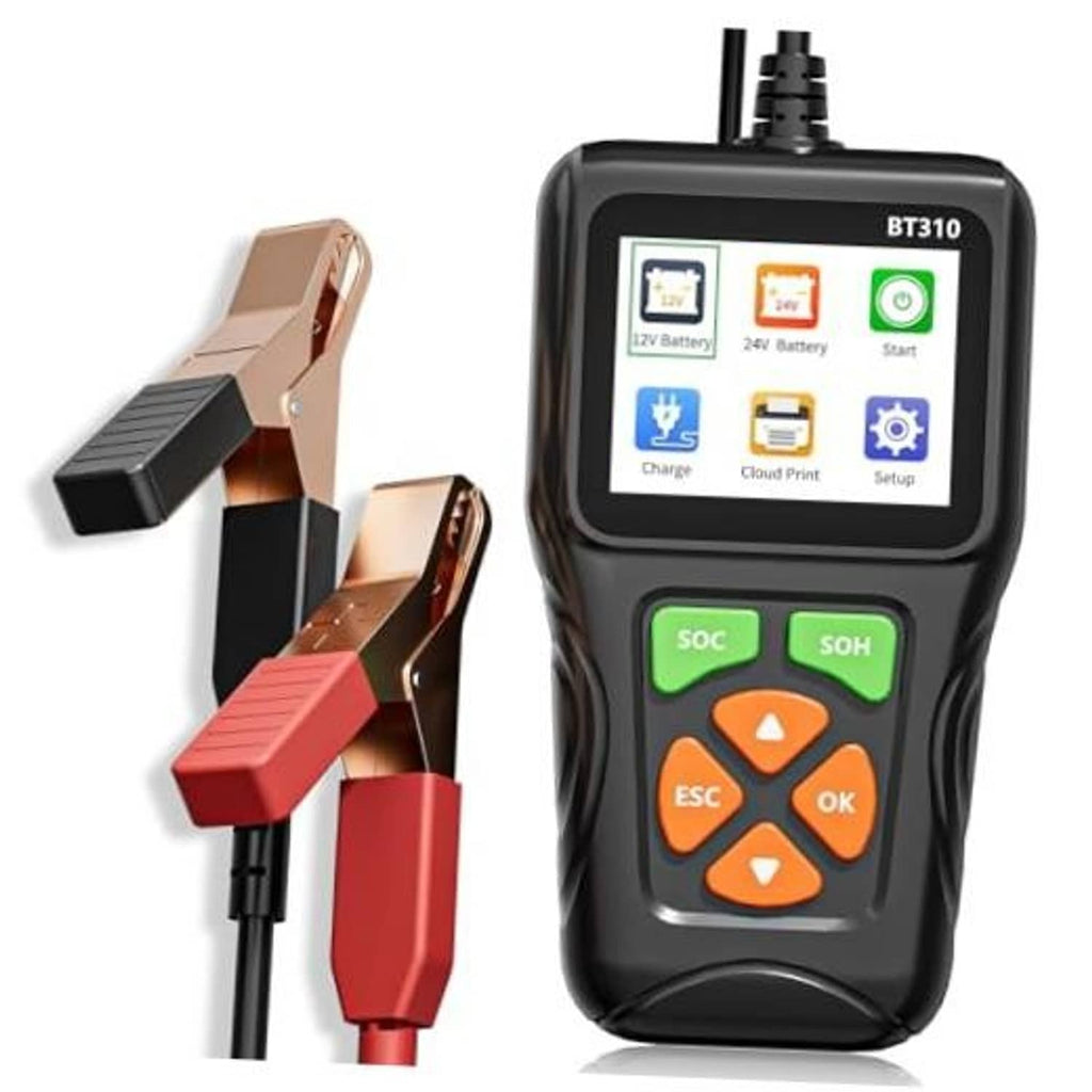 Battery tester with red and black clamp leads and control screen panel.