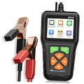 Battery tester with red and black clamp leads and control screen panel.