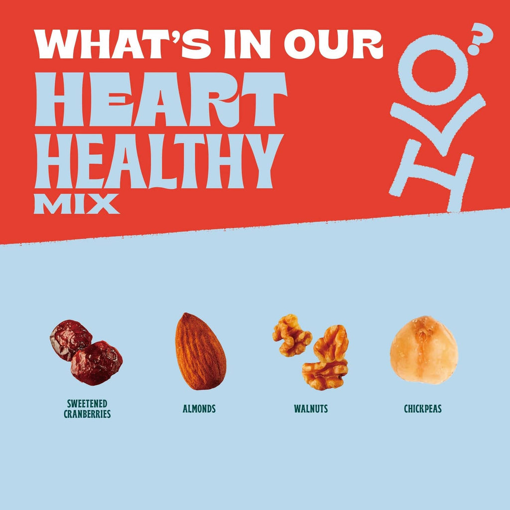 Red Heart Healthy Mix panel with ingredient icons: cranberries, almonds, walnuts, chickpeas