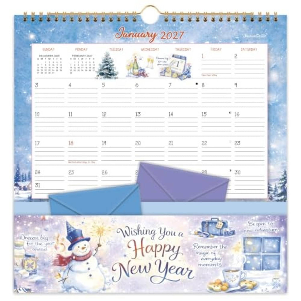Blue monthly wall calendar for January 2027 with two fabric pockets and New Year artwork