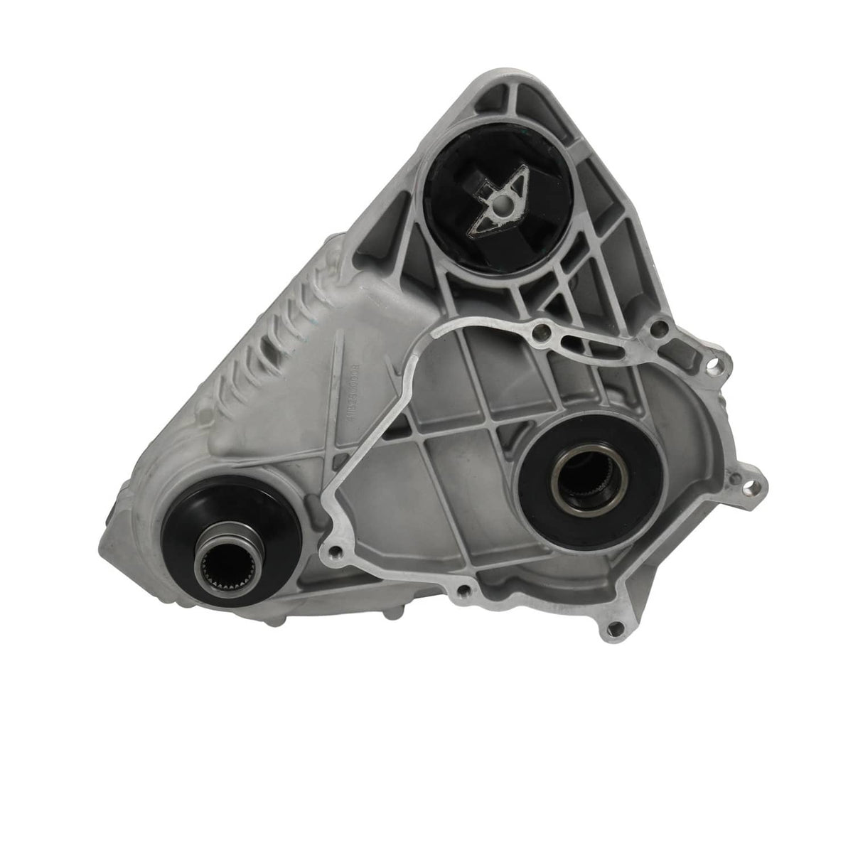 Transfer case assembly end view with gray case ribs and circular opening with seal