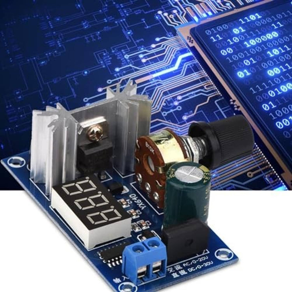 Voltage regulator PCB with heatsink, LED numeric display, rotary adjustment knob, and capacitors