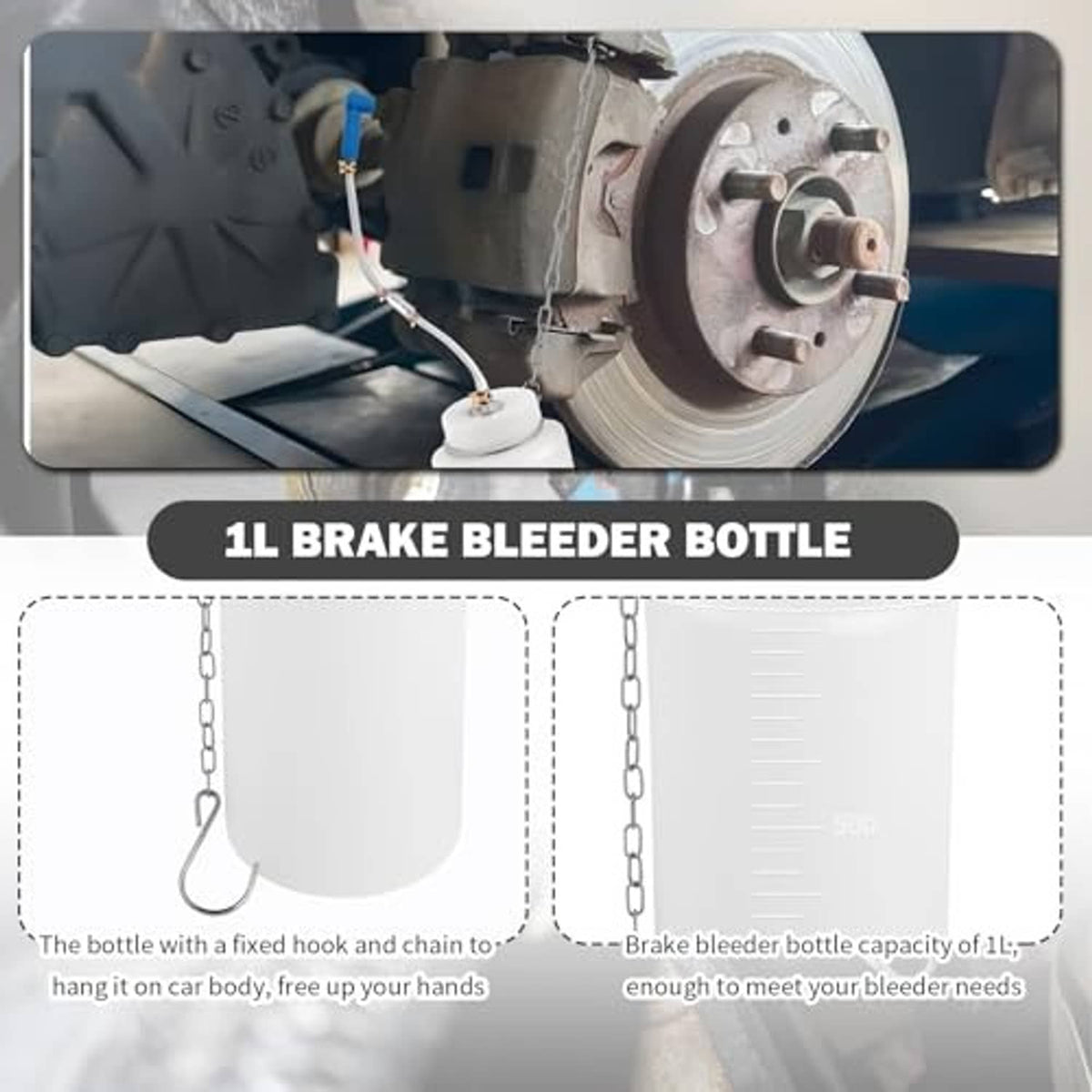 1L brake bleeder bottle with chain hook and hose, shown with brake bleeder setup