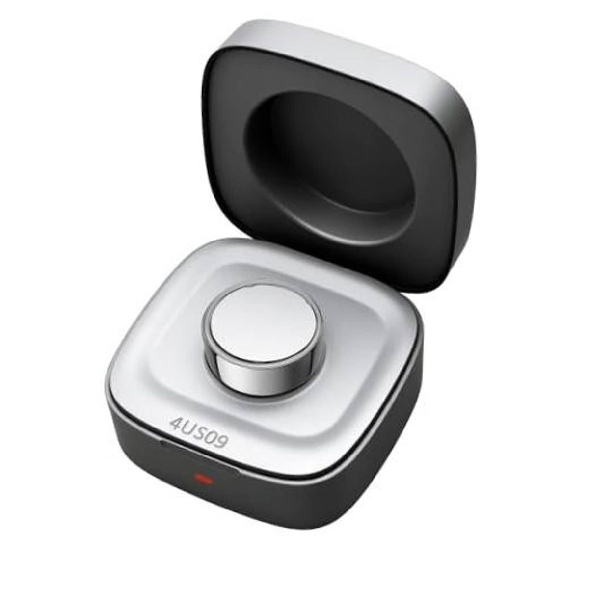 Dual-tone smart ring charger case with lid open, showing round charging contact.