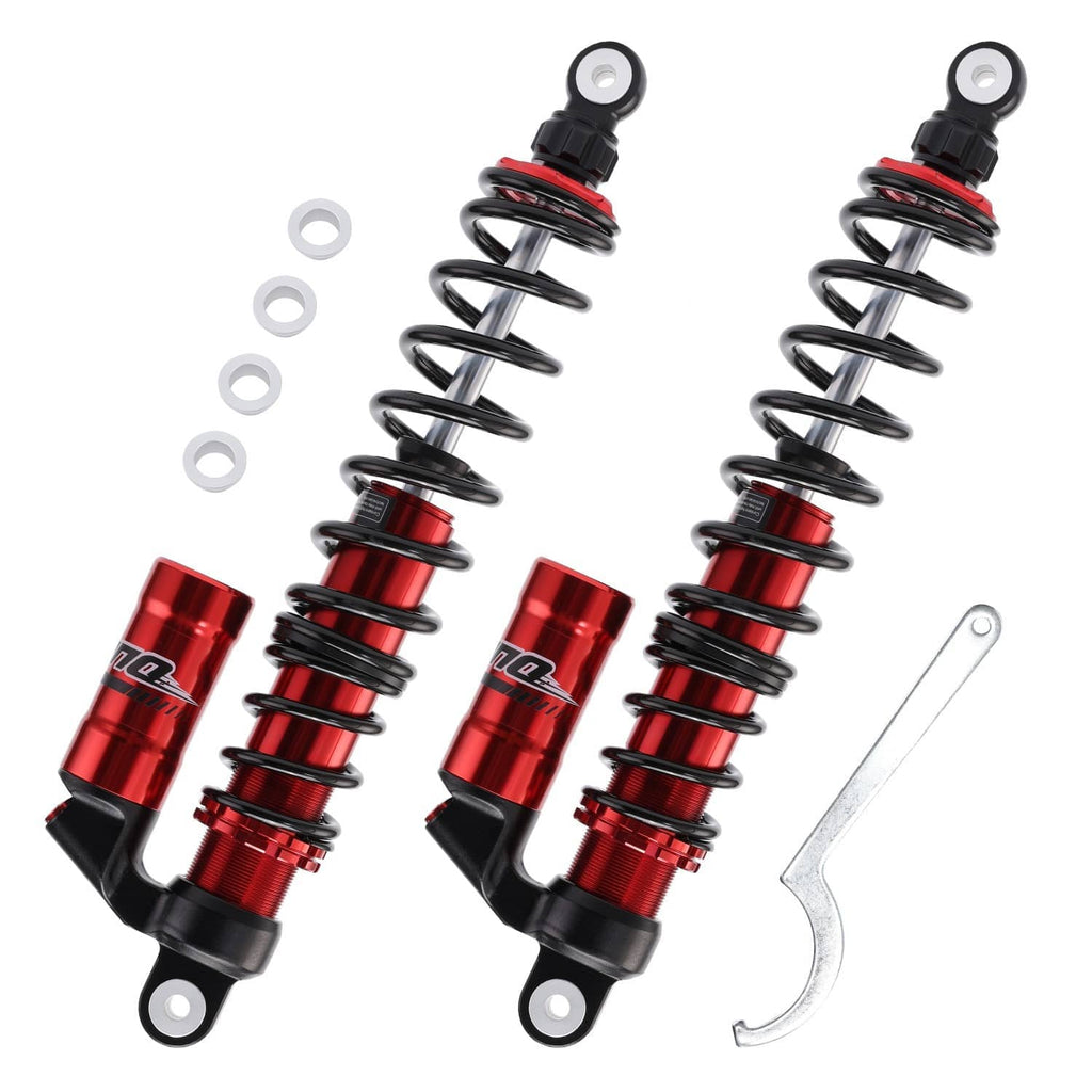 Rear shock absorber pair in red and black with spring coils and mounting bracket