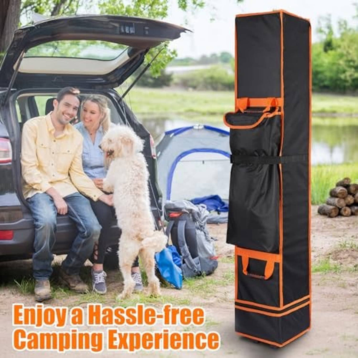 Black and orange wheeled canopy storage bag with front pouches and padded handle, upright.