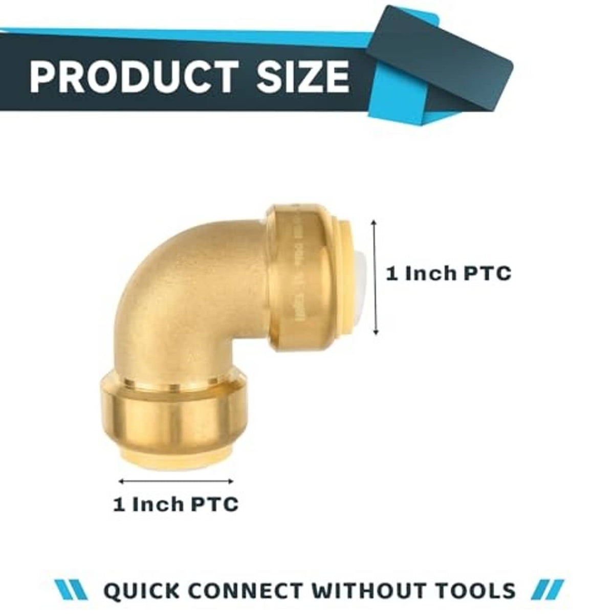 Brass 1-inch push-fit elbow fitting showing 1 inch PTC inlet and outlet