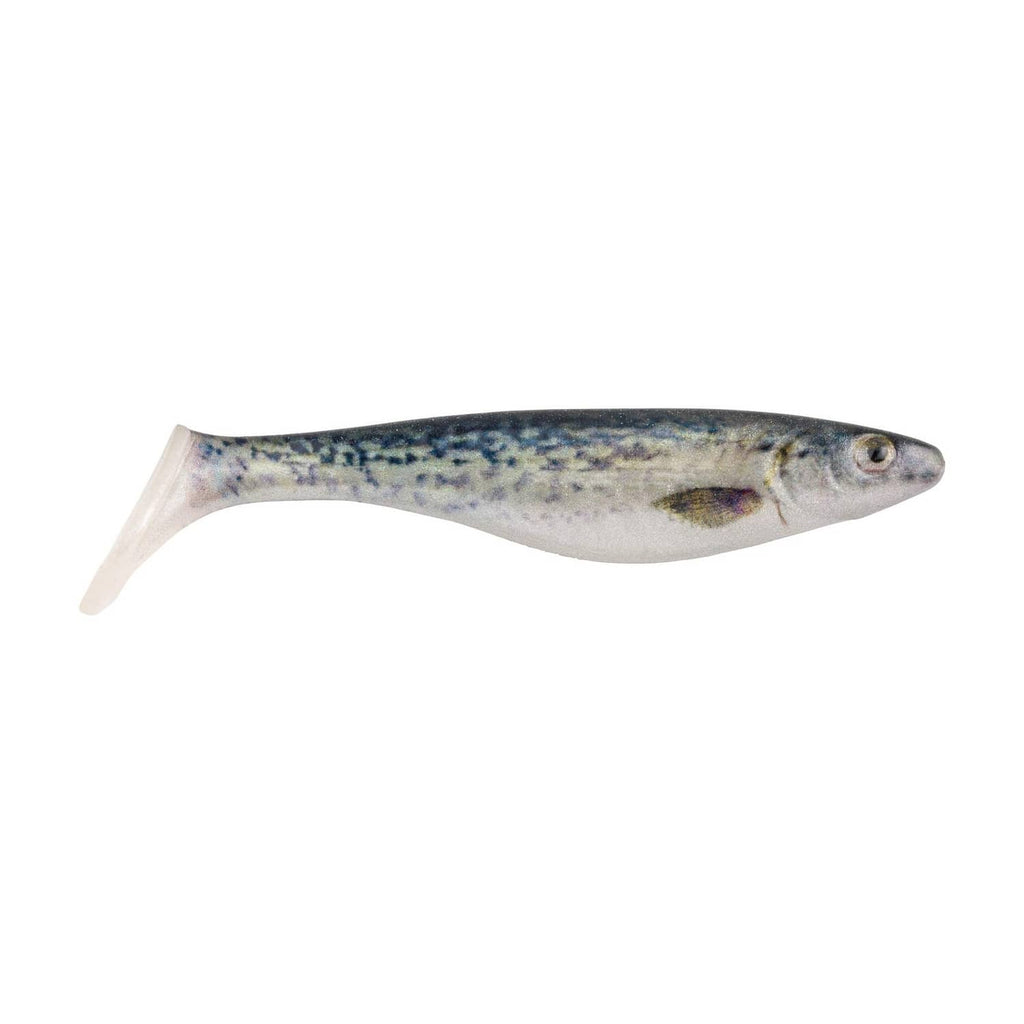Lifelike swimbait minnow lure in blue-silver with dark spots and forked tail