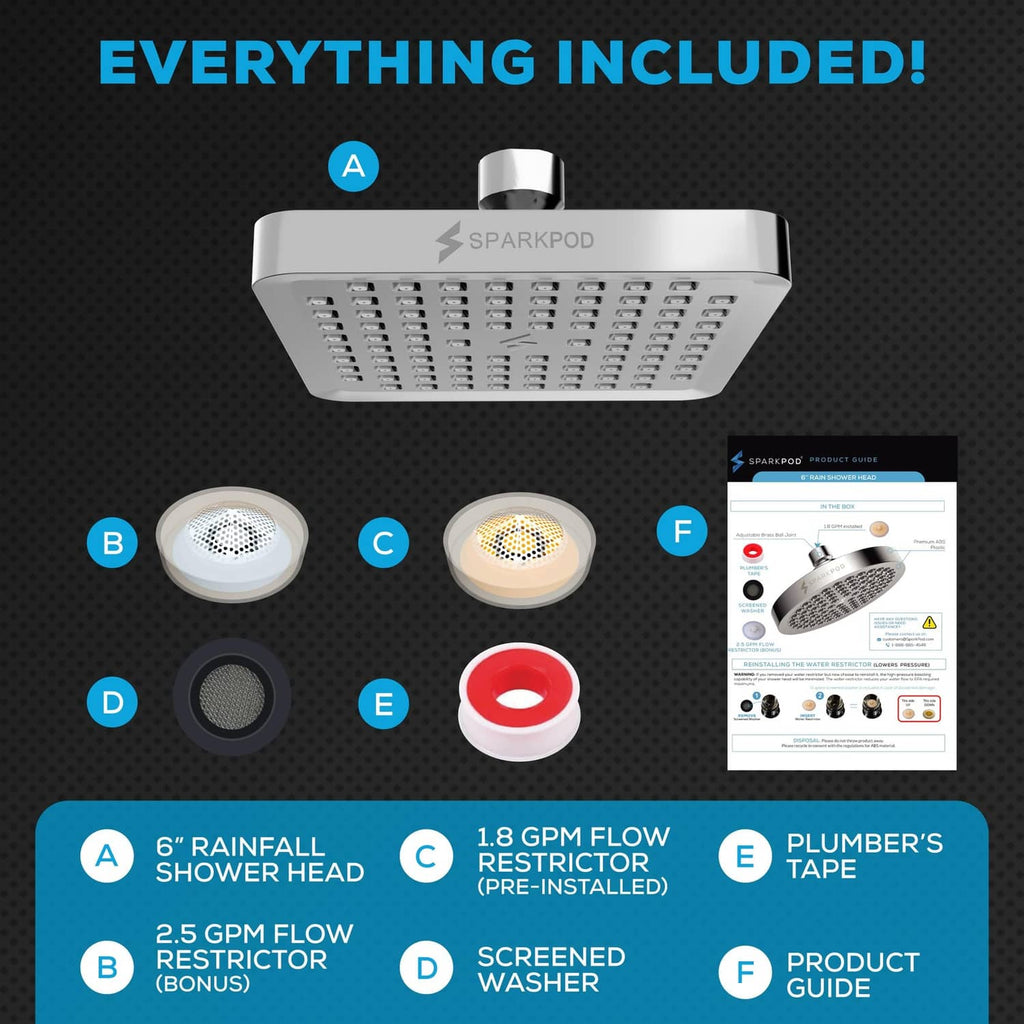 Polished chrome 6-inch square rain shower head with included plumber’s tape and washer