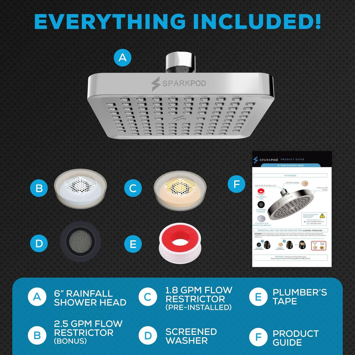 Polished chrome 6-inch square rain shower head with included plumber’s tape and washer