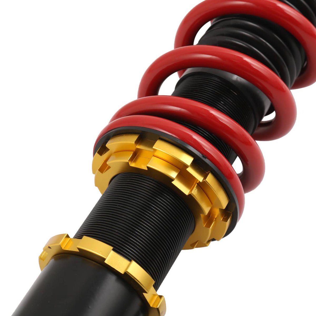 Coilover strut with red spring, black threaded tube, and gold height rings