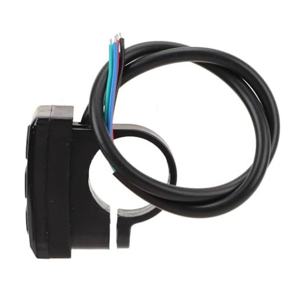 Black e-bike handlebar switch controller with multi-color wire ends and button panel