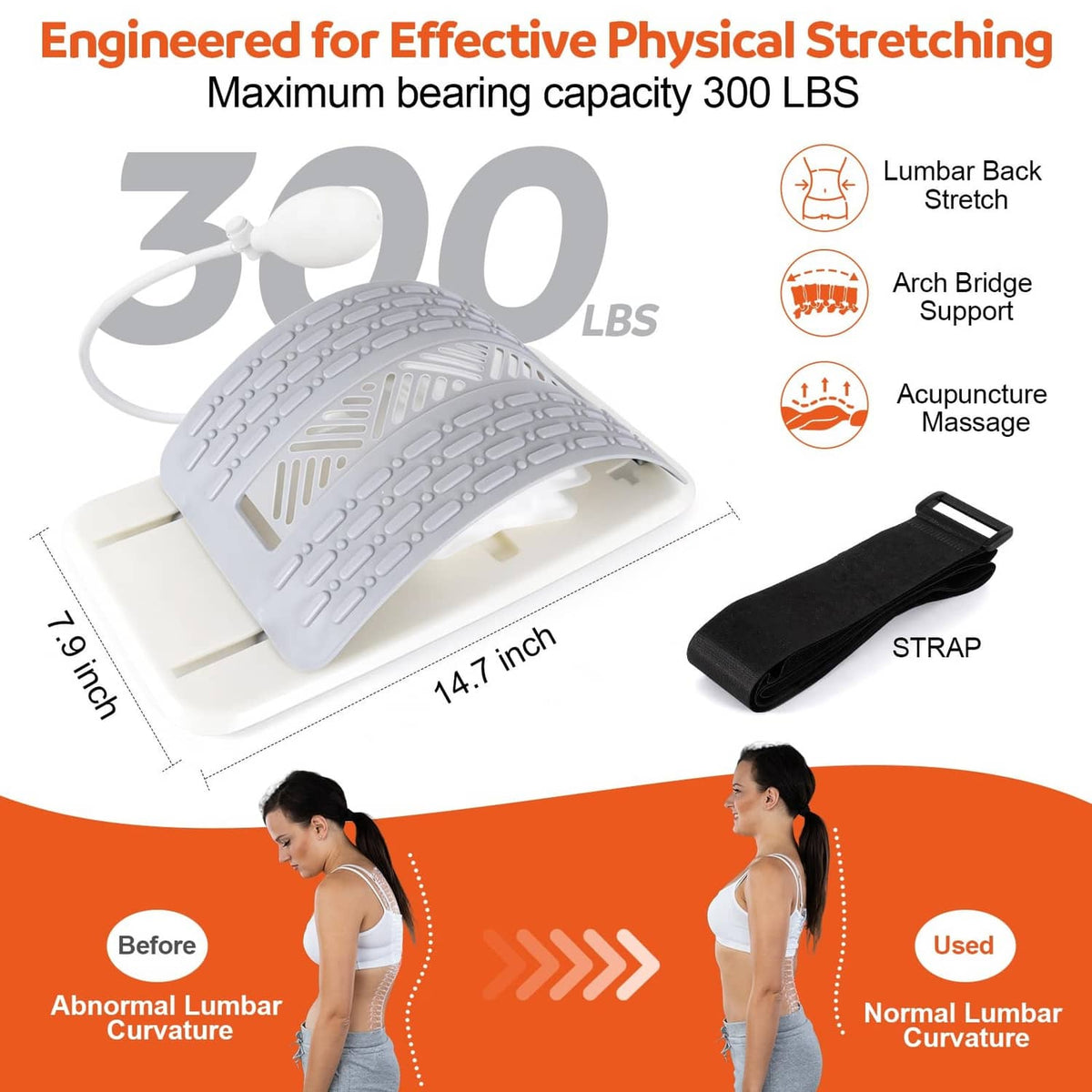 Inflatable back stretcher with grey patterned massage pad and included black strap