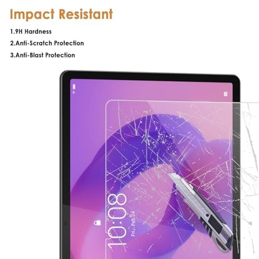 Durable screen protector for tablet screen, clear tempered glass with impact scratches