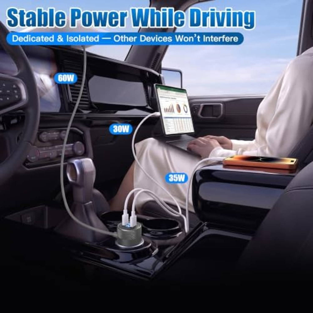 Vehicle power adapter with coiled DC cable and connected device in a car