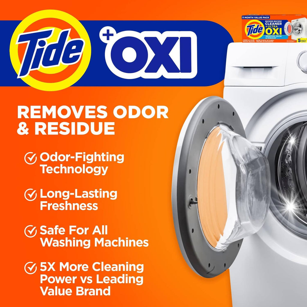 Tide Oxi washing machine cleaner pouch pack, orange-and-blue box with Oxi graphic