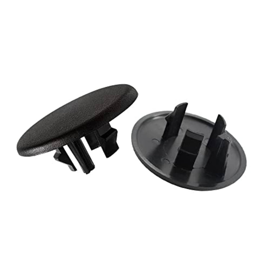 Black rear armrest cover caps with mounting clips, shown front and underside, 2 pcs.