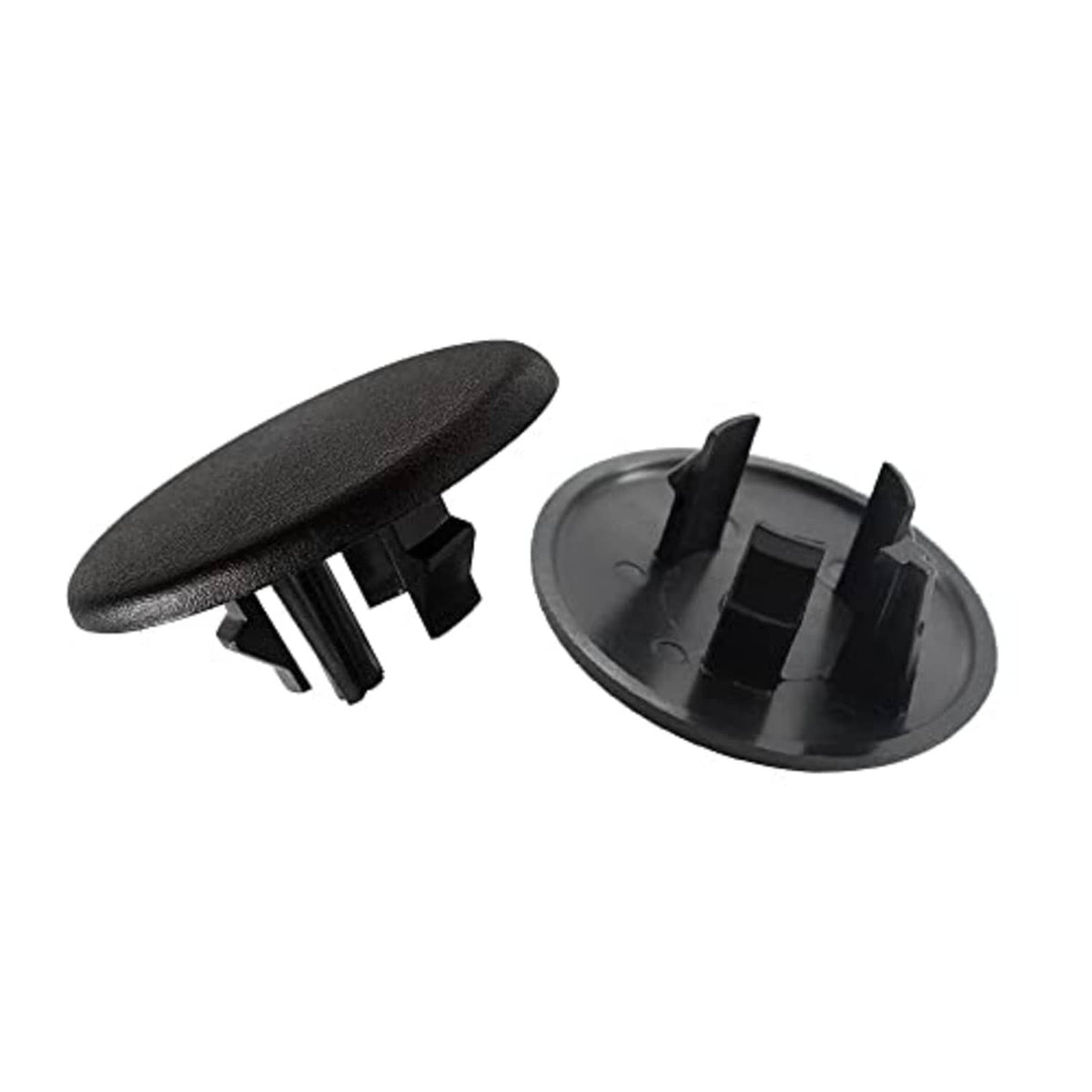 Black rear armrest cover caps with mounting clips, shown front and underside, 2 pcs.