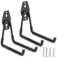 Two black U-shaped garage hooks with top mounting plates and included screws