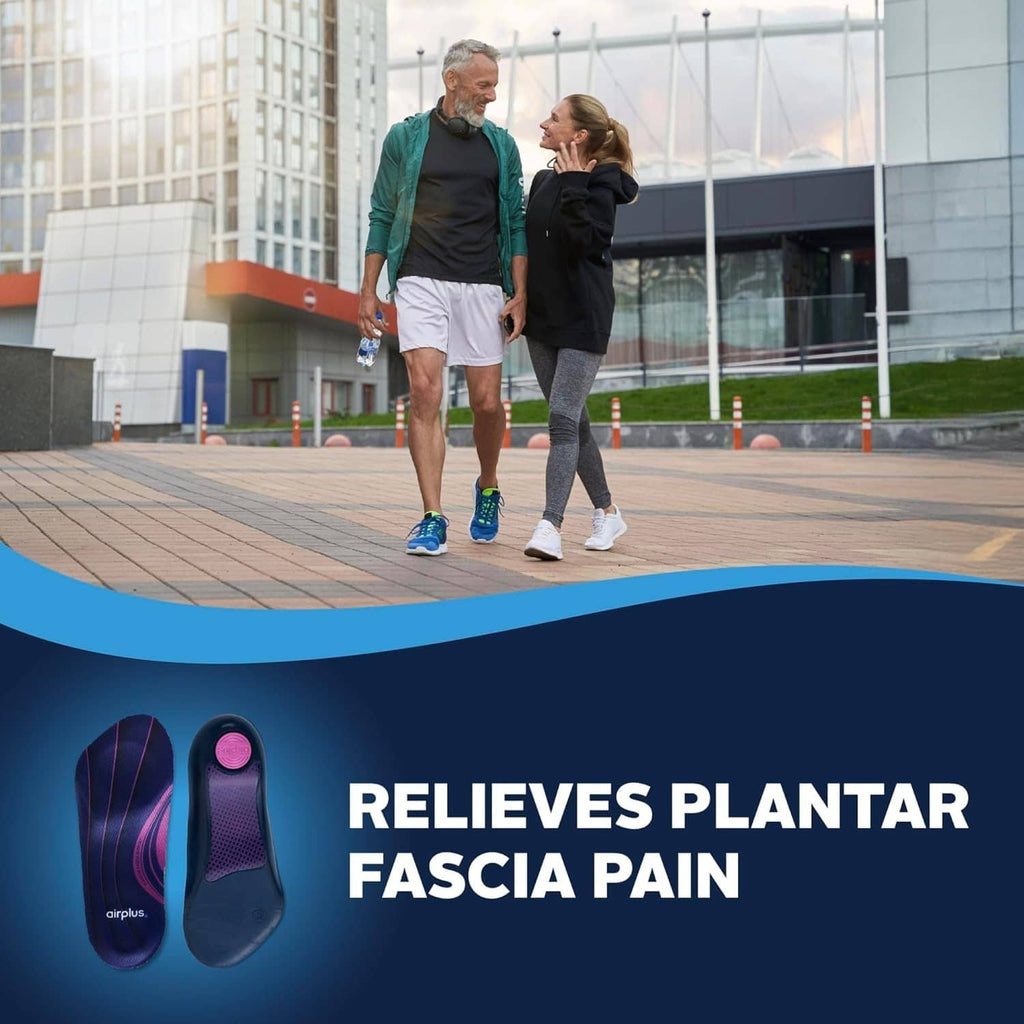 Purple-and-blue plantar fascia orthotic insole pair with curved arch support lines