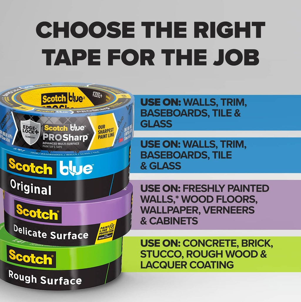 Stacked Scotch Blue painter's tape rolls: Original, Delicate Surface, Rough Surface