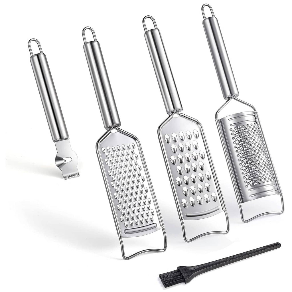 Stainless steel box grater set of 5 with curved handles and small cleaning brush